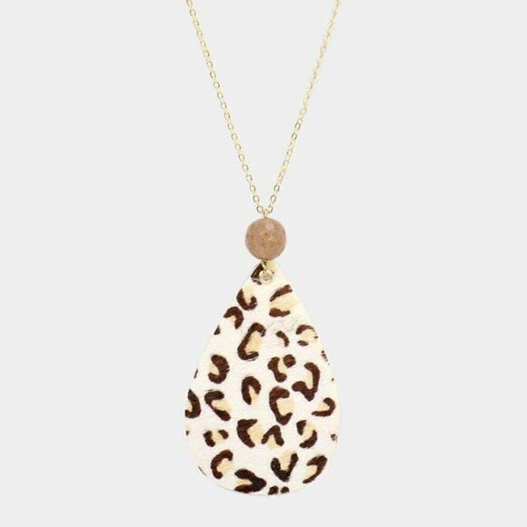 Leopard Patterned Teardrop Pendant Long Gold Necklace - Picture 1 of 6